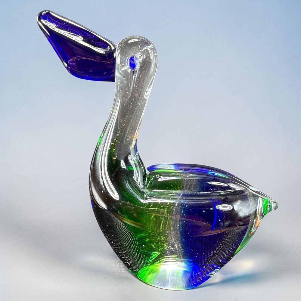 Italian Glass Pelican Bird Paperweight Figurine Blue Green Art Glass 5 Inch